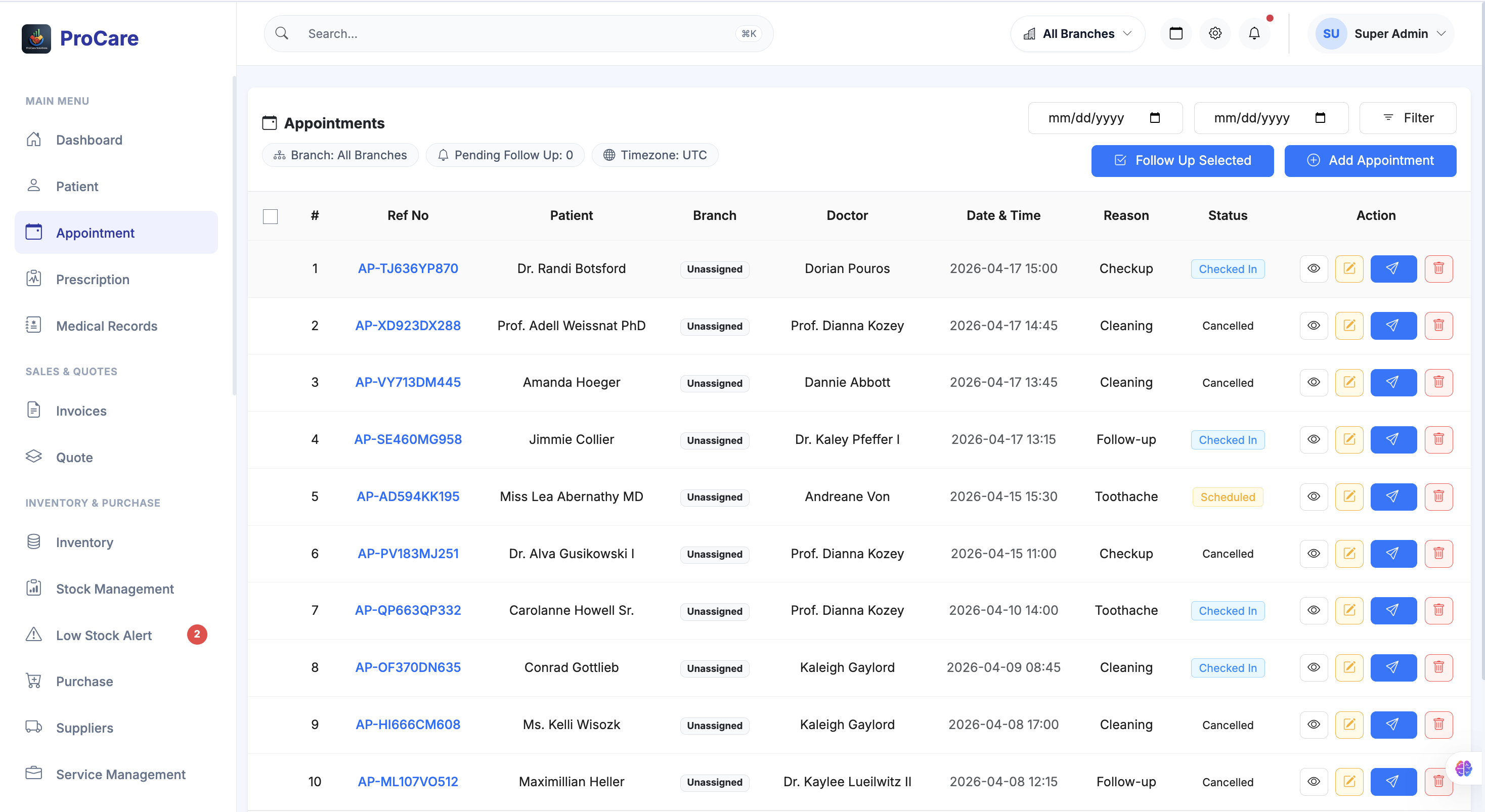 Hospital stock management screen