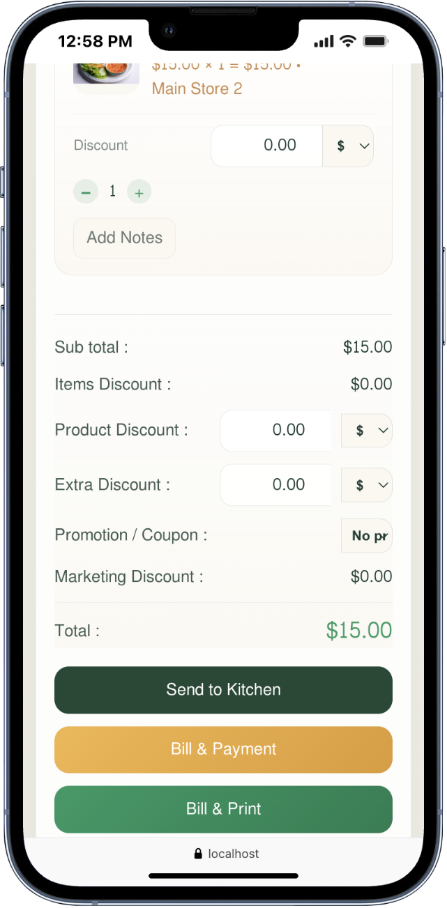 Restaurant POS mobile screen four